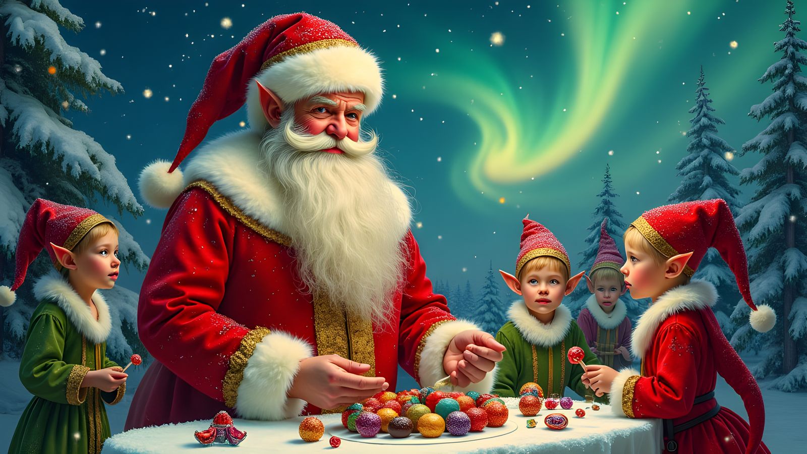 Fantastical Santa with Northern Lights and Elves