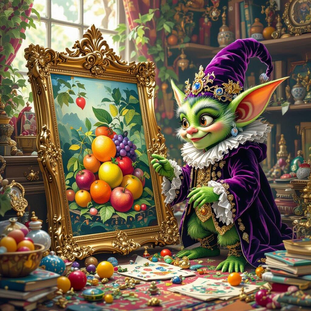 Gremlin Art Collector Admires Fruit Painting