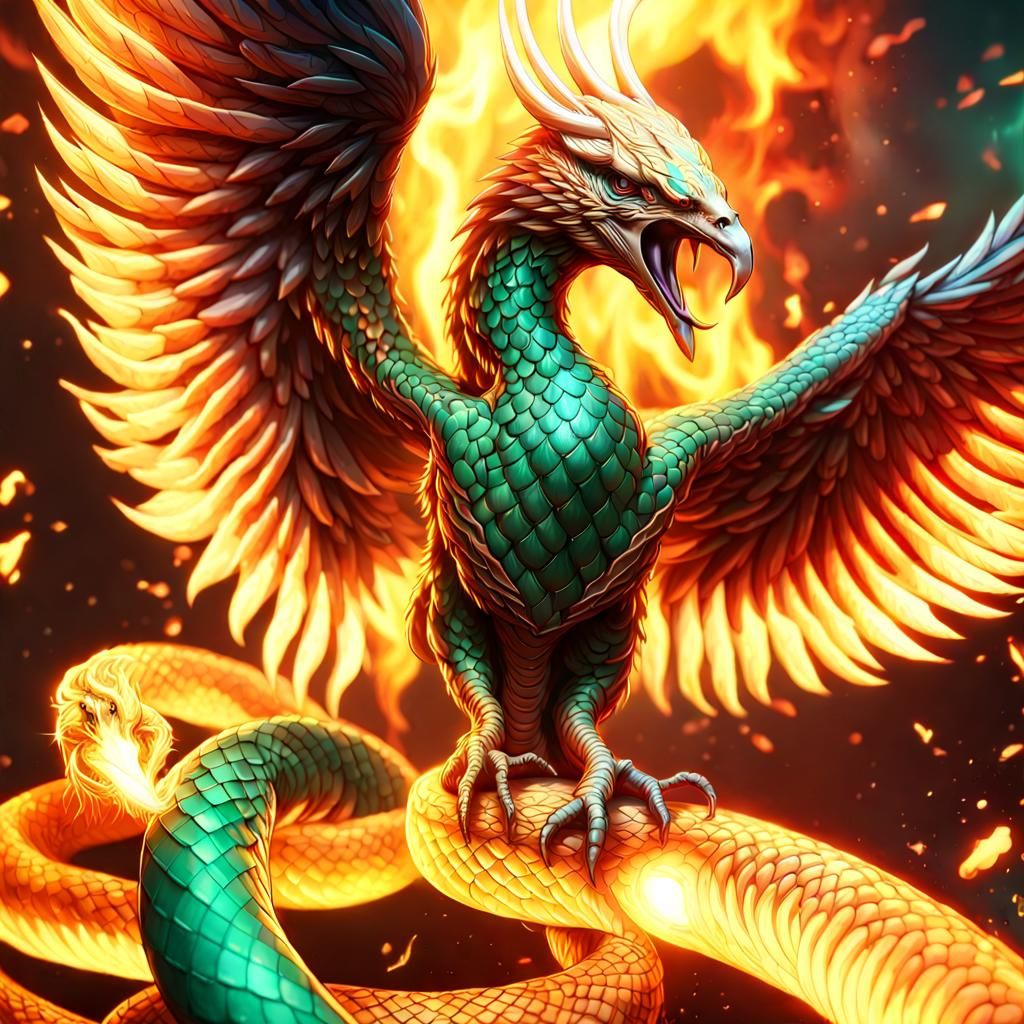 phoenix fighting a snake, fire, emeralds, gold, diamonds Hyper realistic, splash art, concept art, mid shot, intricately...