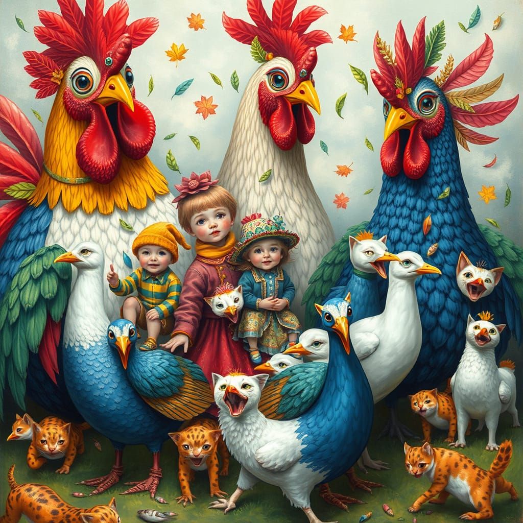 Dreamlike Multicolored Chicken Illustration in Ceccoli Style