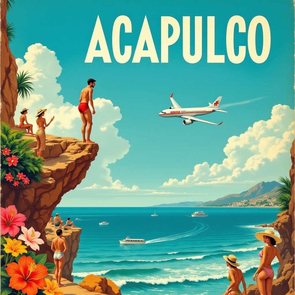 Vintage Travel Poster of Fearless Acapulco Cliff Diver