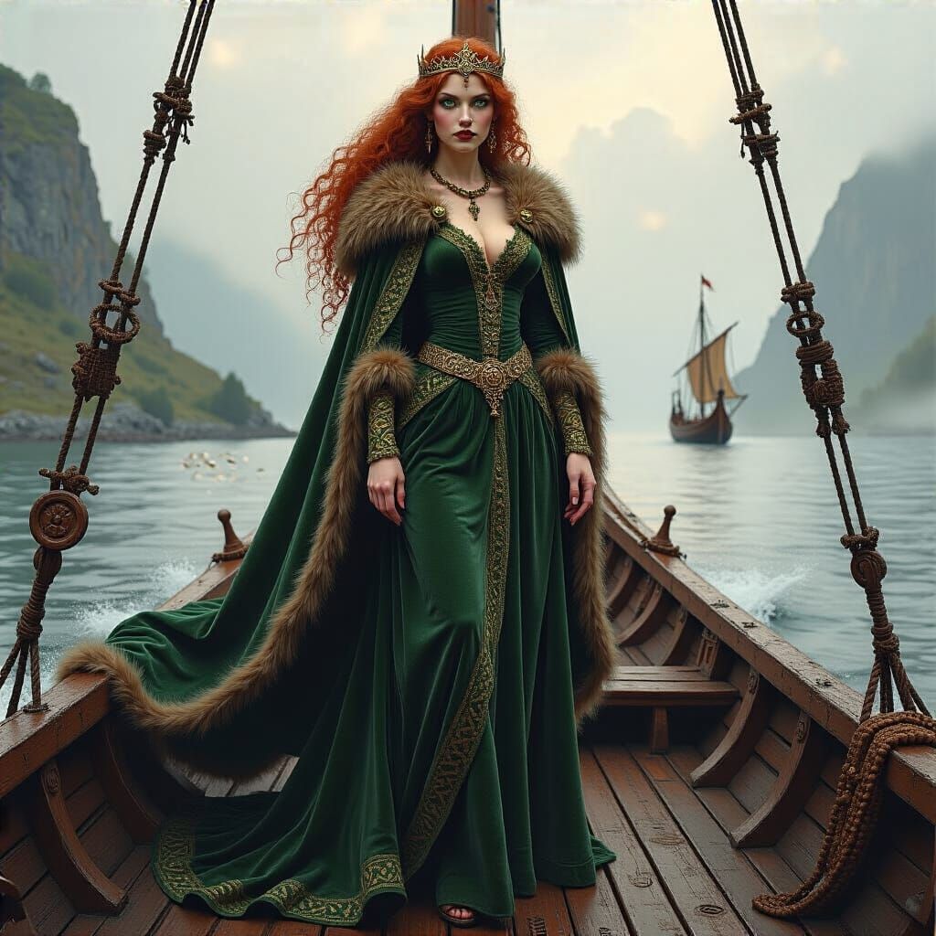 Valkyrie on Viking Ship in Norse Art Style