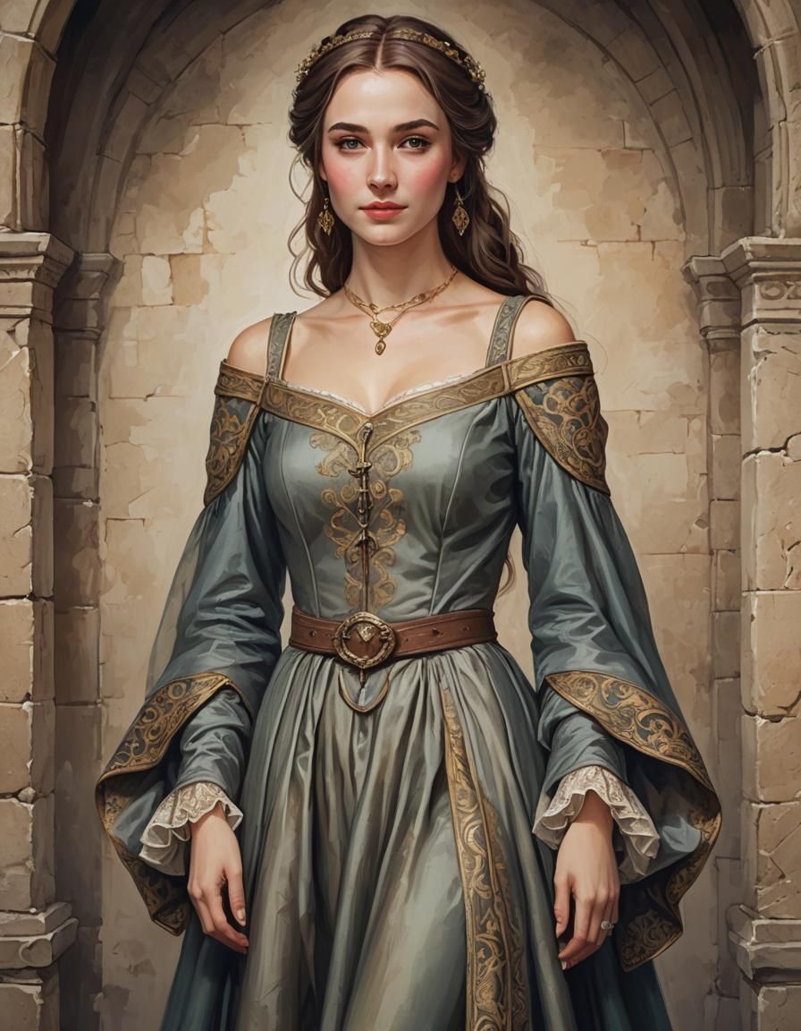 Noble Medieval Woman in Flowing Gown with Shy Smile