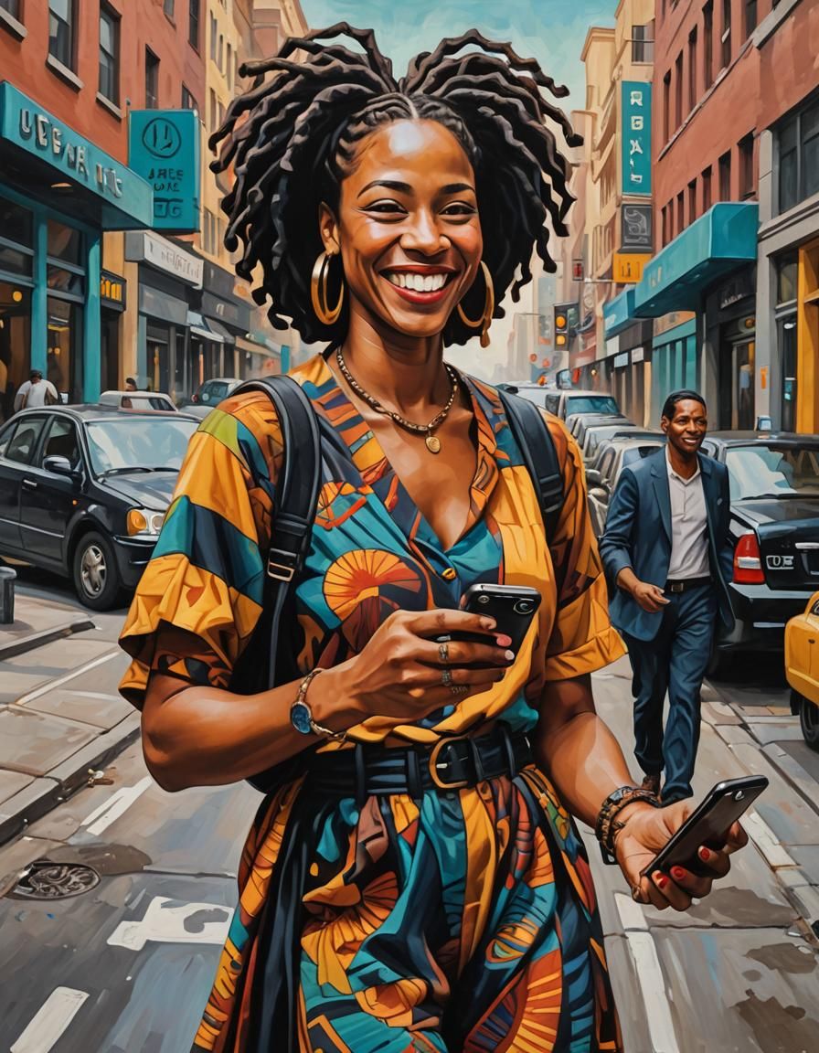 Smiling Woman in Uber: Street Art Oil Painting