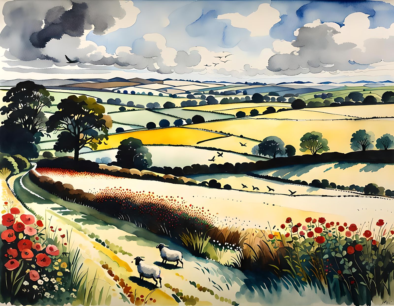 English Countryside Watercolour Painting with Sheep