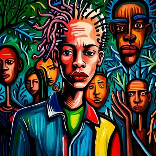 Vibrant street art. Medium shot. A young woman with a shaved...