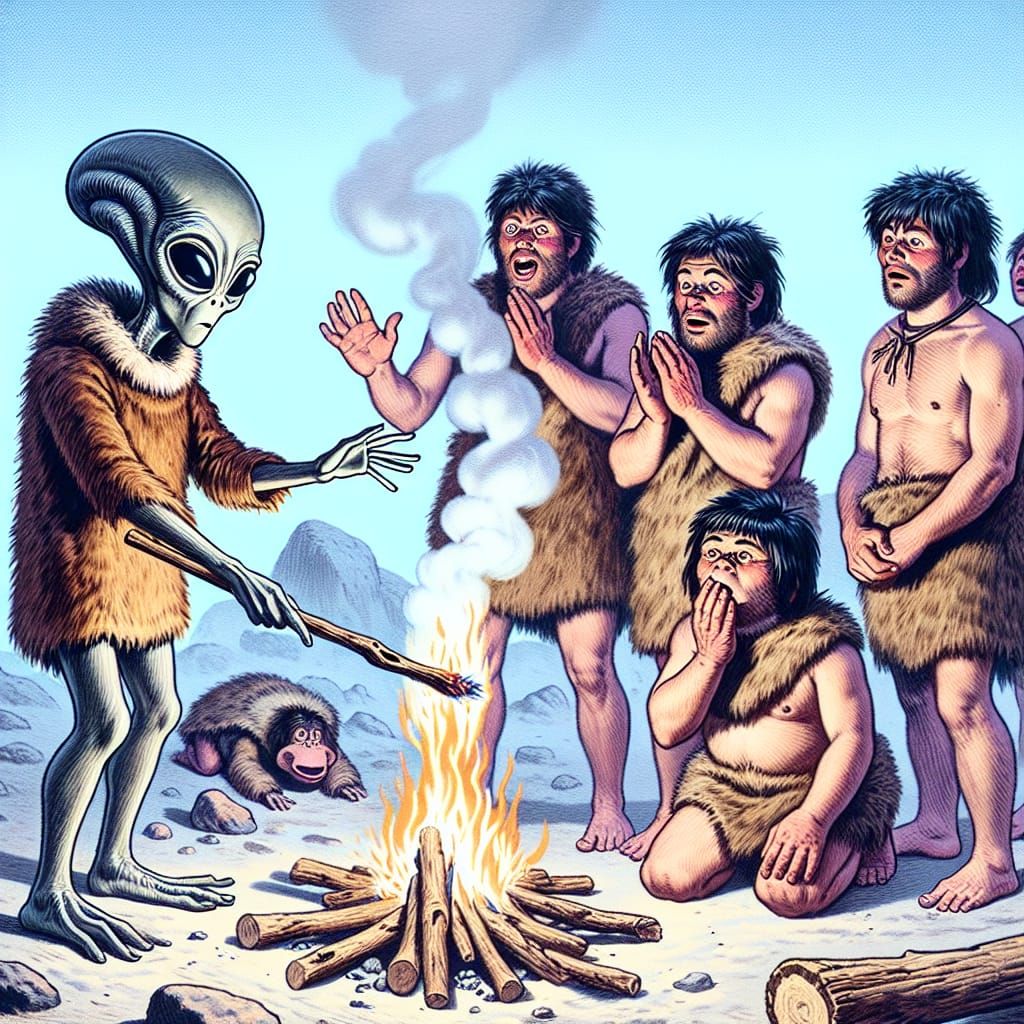 Alien Teaches Cavemen to Make Fire