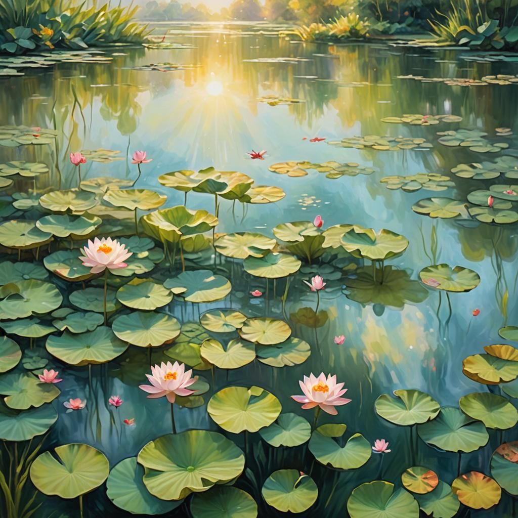 Lotus Flower in Pond: Dreamscape Digital Impressionism