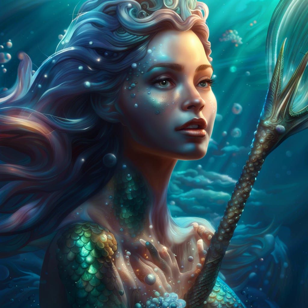 Shining Mermaid Goddess with Trident in Disney Style
