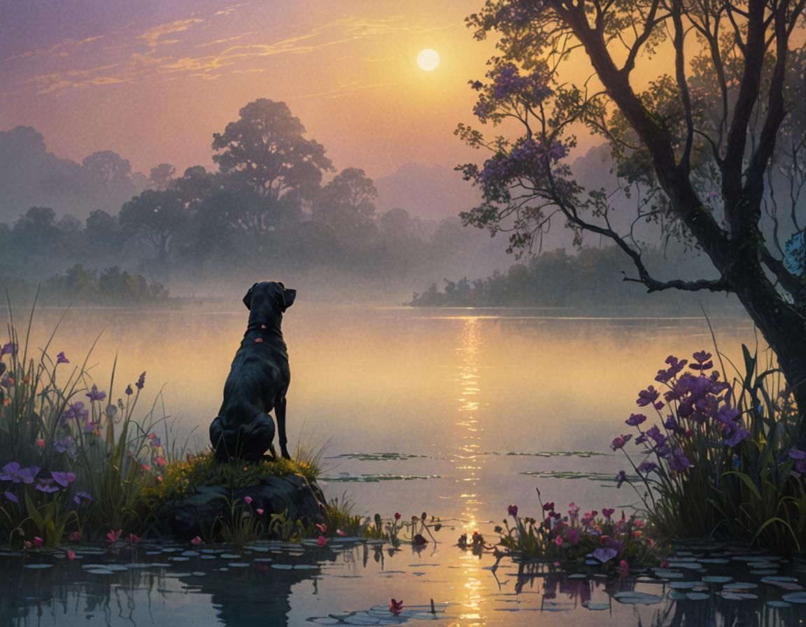 Charcoal Lab at Serene Lake: Fantasy Matte Painting