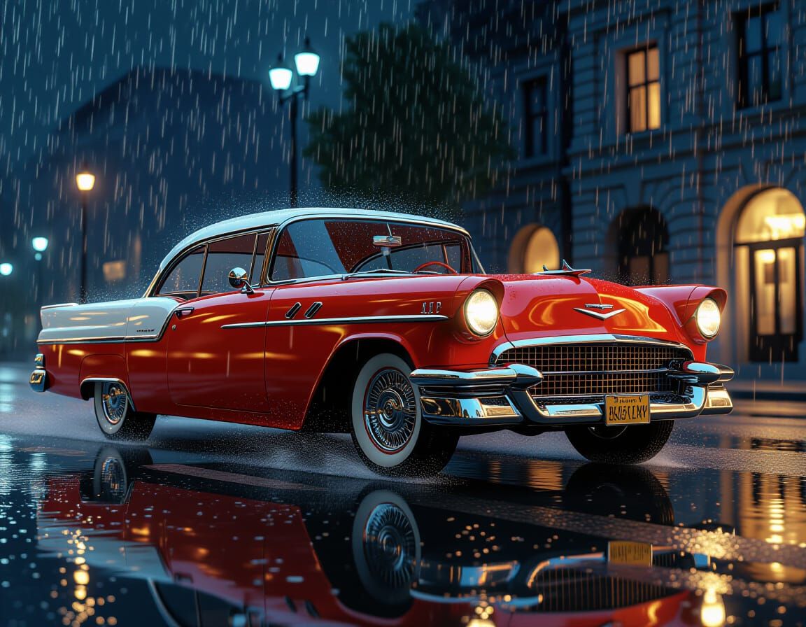 Vintage American Car in Rain, Digital Art