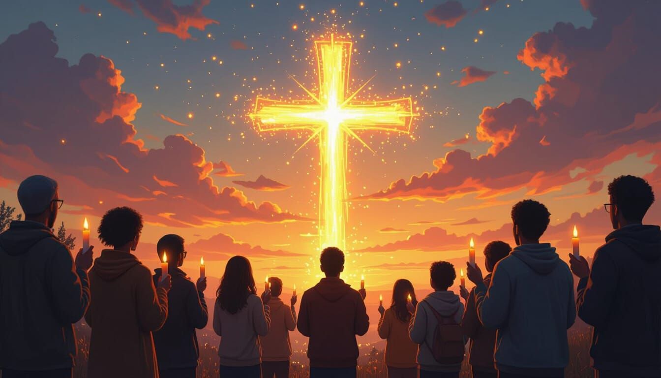 Diverse People Form Cross of Light, Fantasy Matte Painting