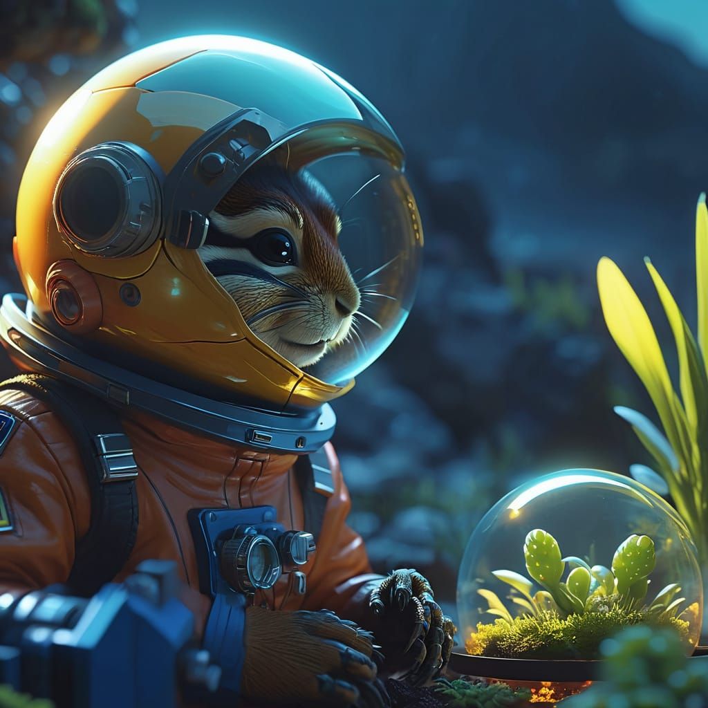 Chipmunk in Futuristic Spacesuit on Distant Planet Landscape