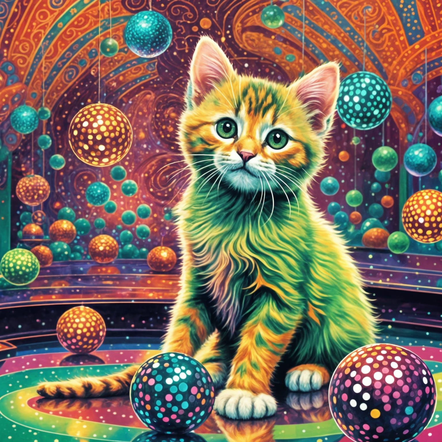 Adorable Disco Kitten Dancing with Disco Balls
