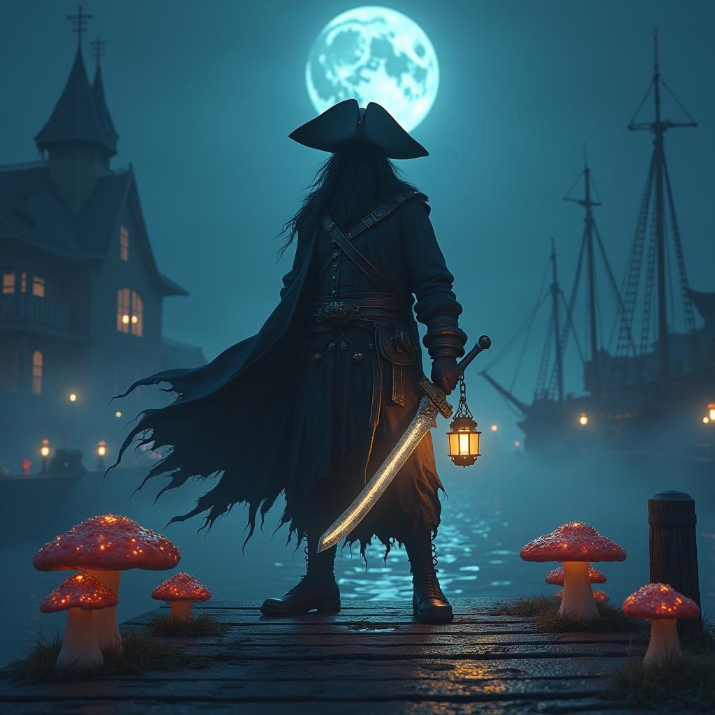 Ghostly Pirate Captain on Dock in Fantasy Art