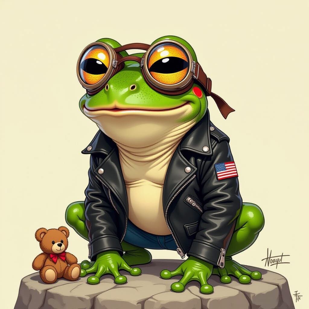 Frog in Leather Jacket with Teddy Bear