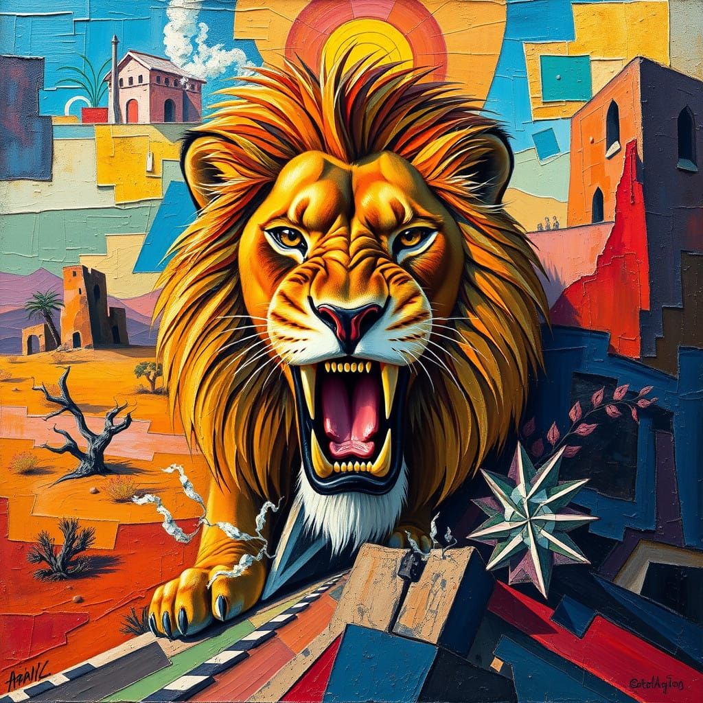 Daring Cubist Lion Emerges from Vibrant Desert Landscape