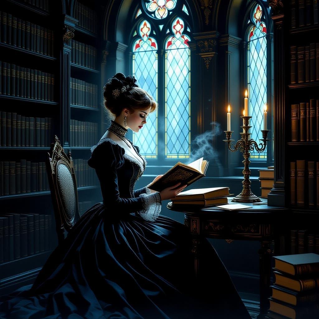 Gothic Library with Spectral Victorian Woman