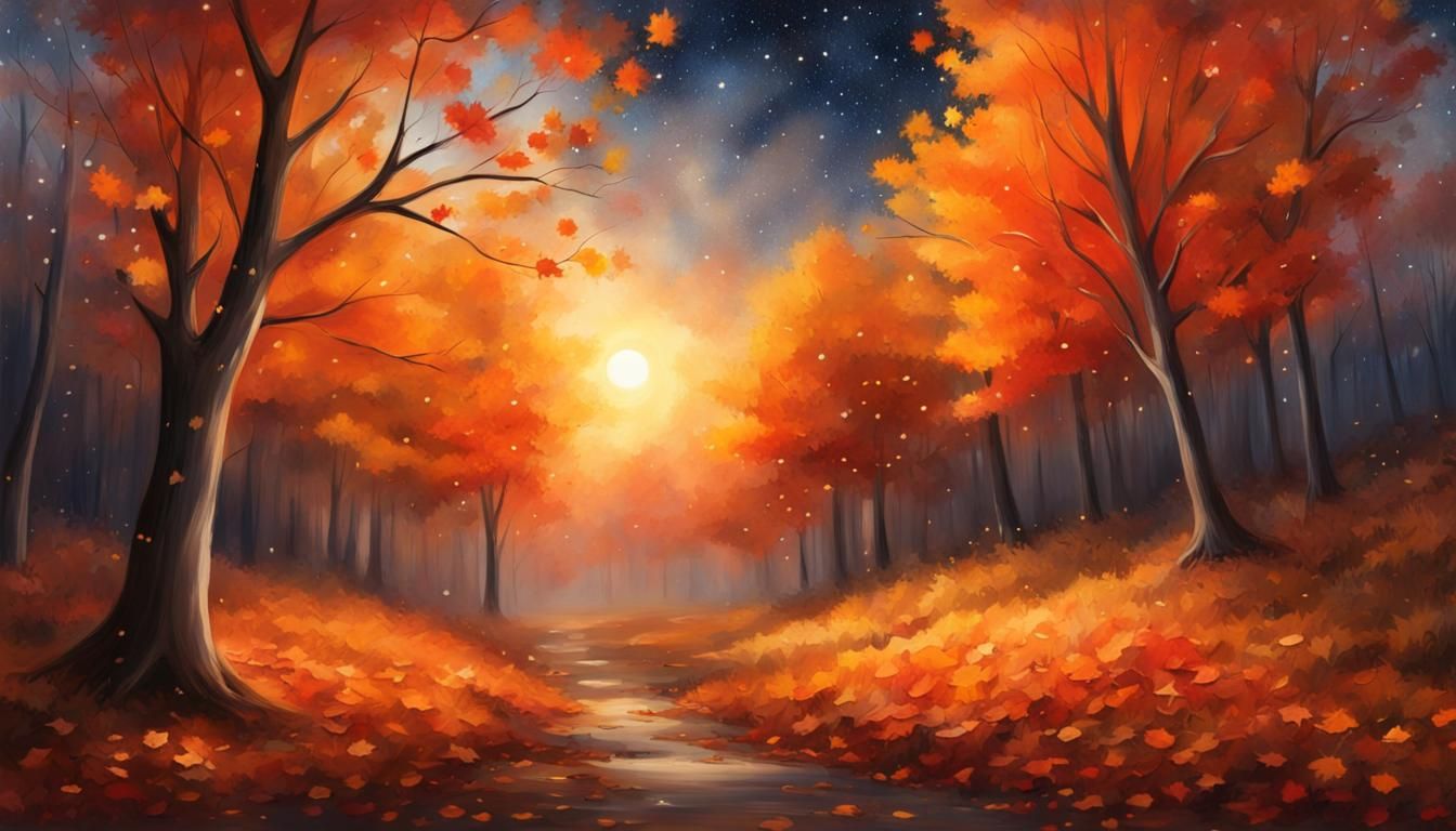 Beautiful Autumn Forest with Starry Sky Painting
