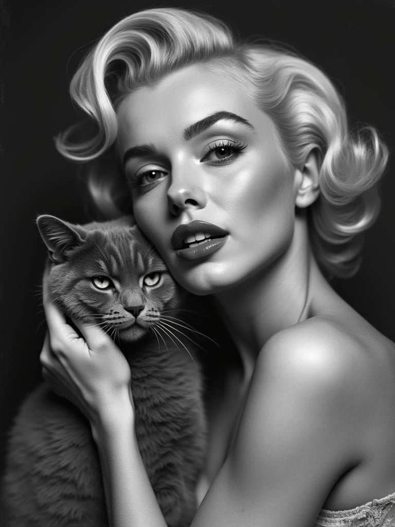 Marilyn Monroe Portrait with Cat in Vintage Style