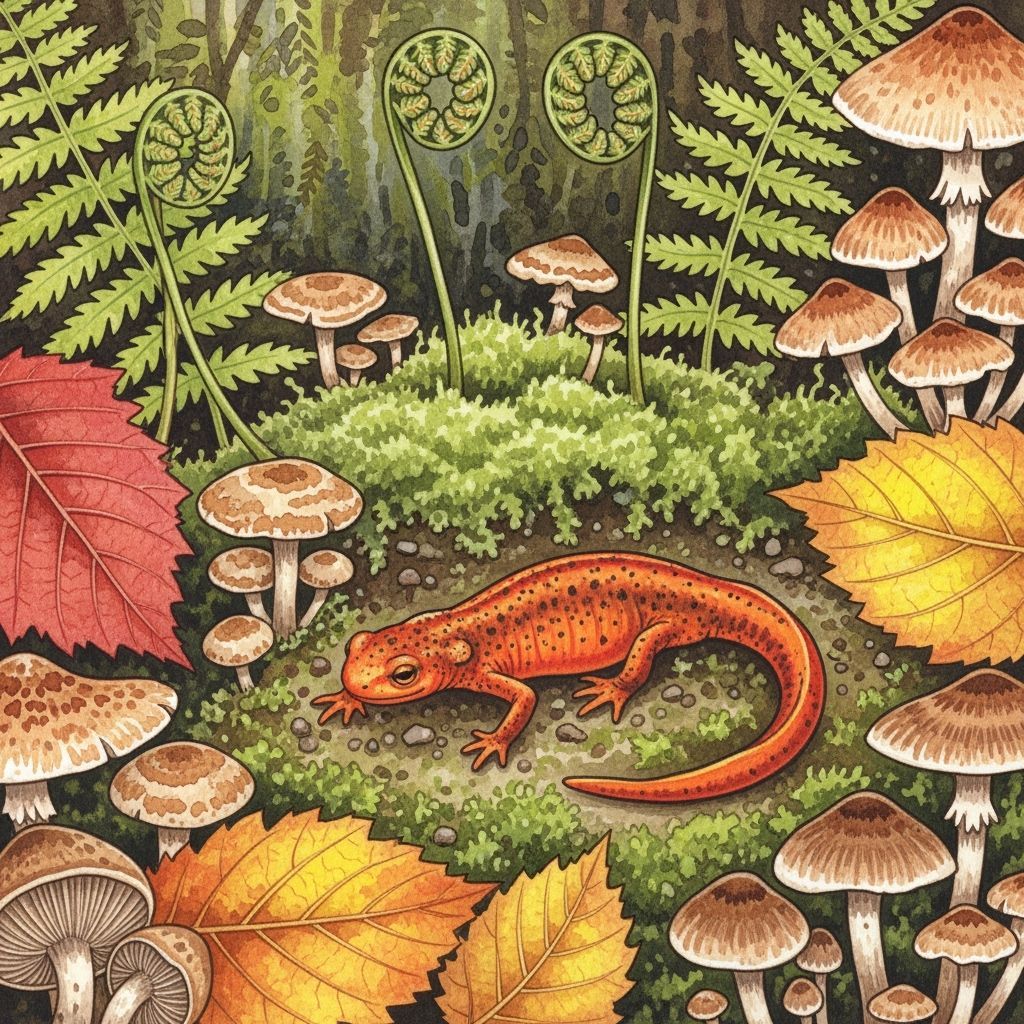 Red Eft Newt in Watercolor Forest Tapestry