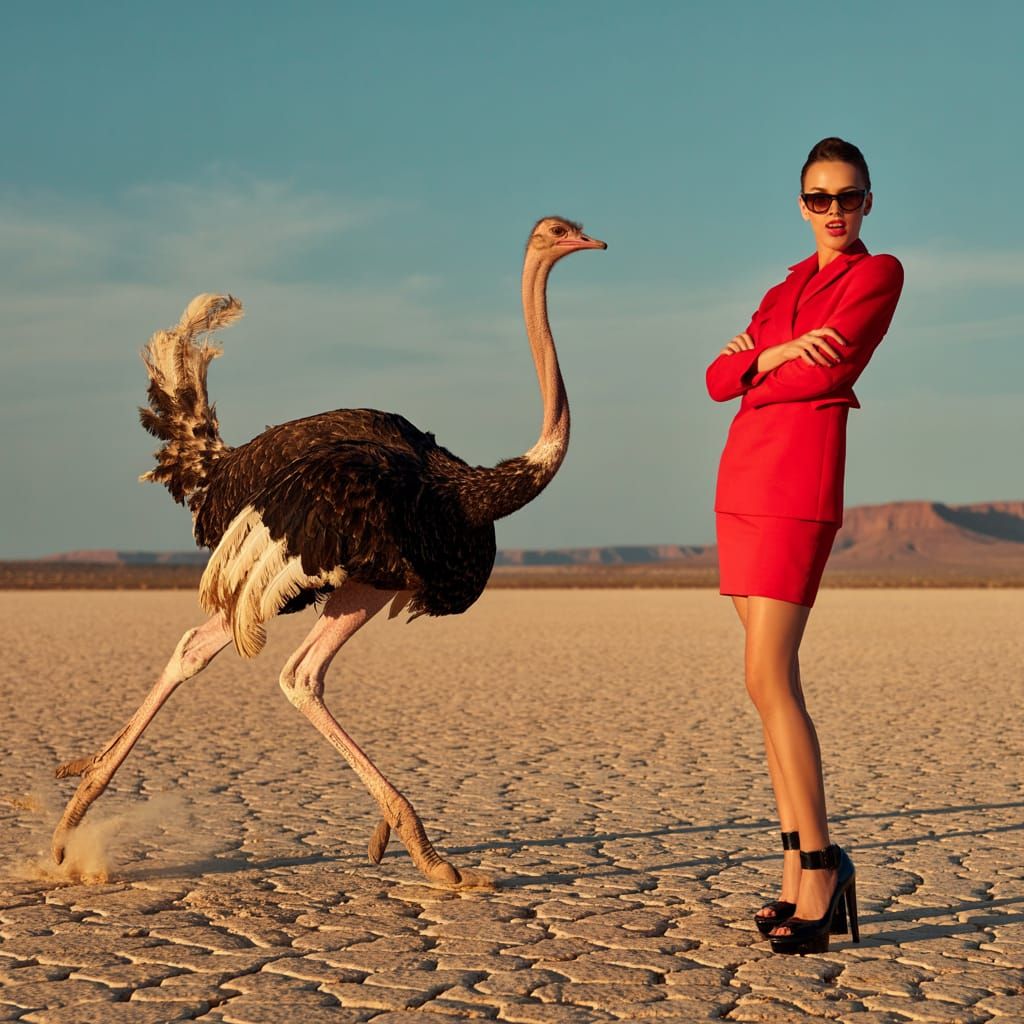 Ostrich Flees Stylish Woman in Desert Photograph