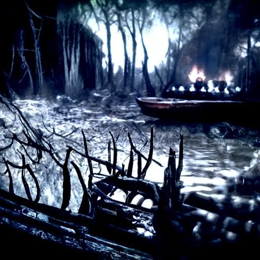 Creepy Dark Woods: River, Boat, and Fire
