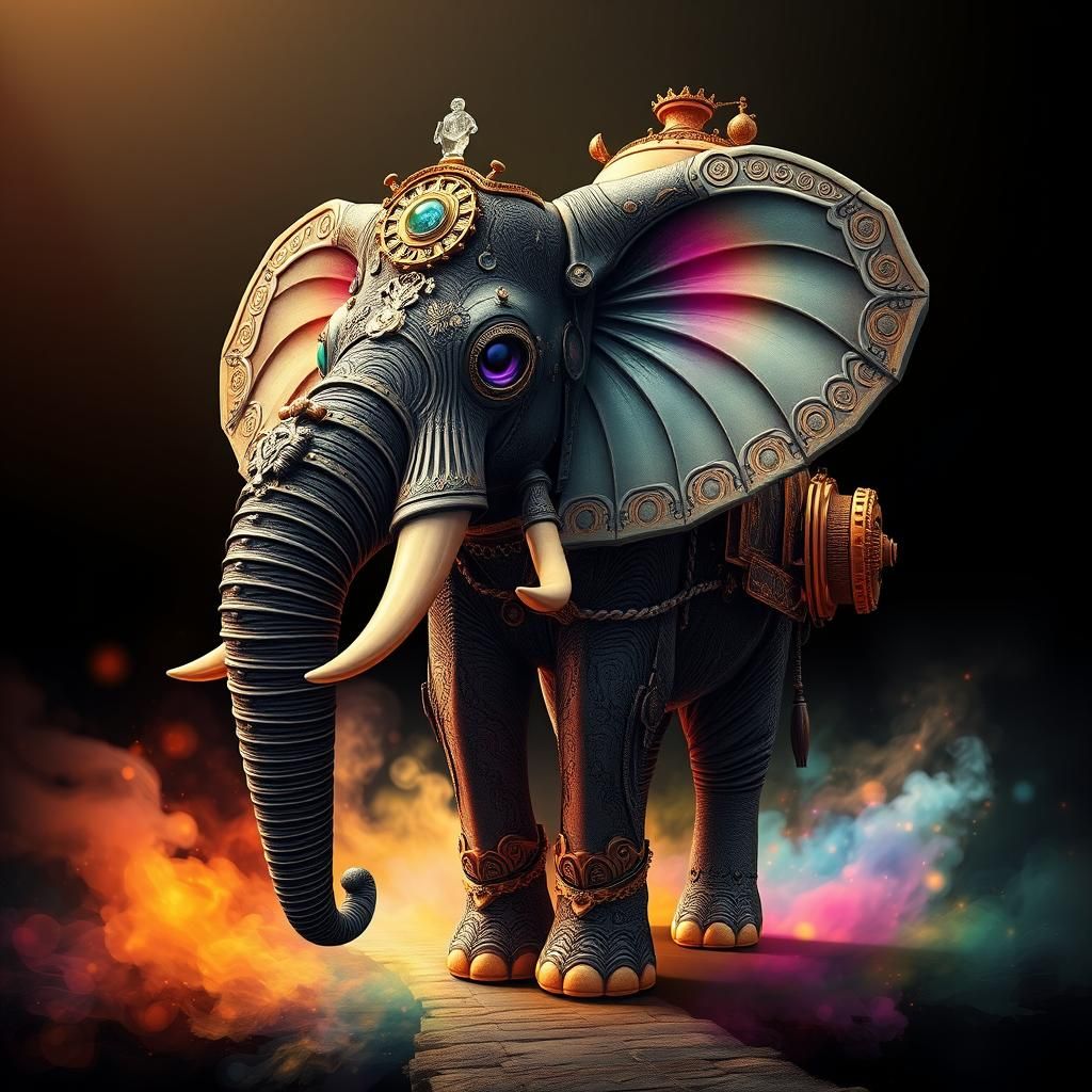 Ornate Steampunk Elephant with Rainbow Colors