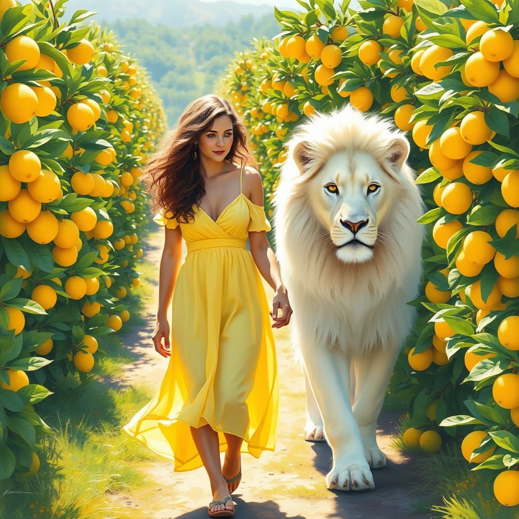 Young Lady's Serene Lemon Farm Stroll with Majestic White Li...