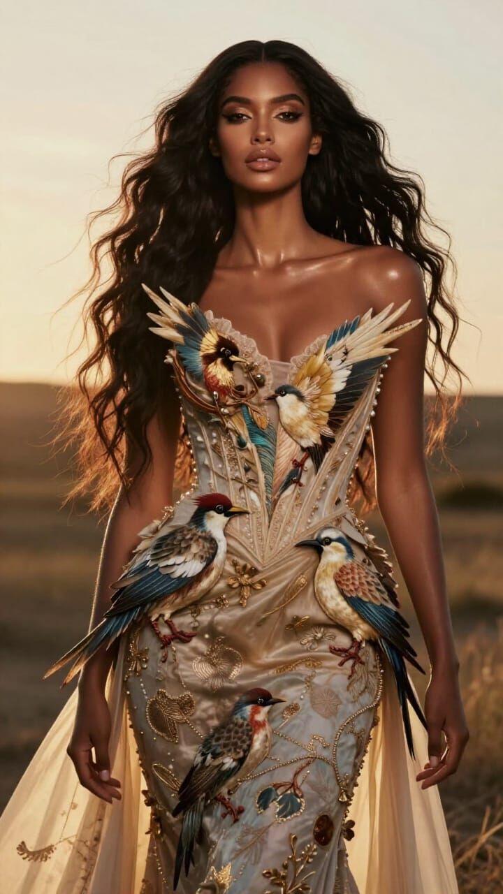 Avant-Garde Bird Gown Fashion Model at Golden Hour