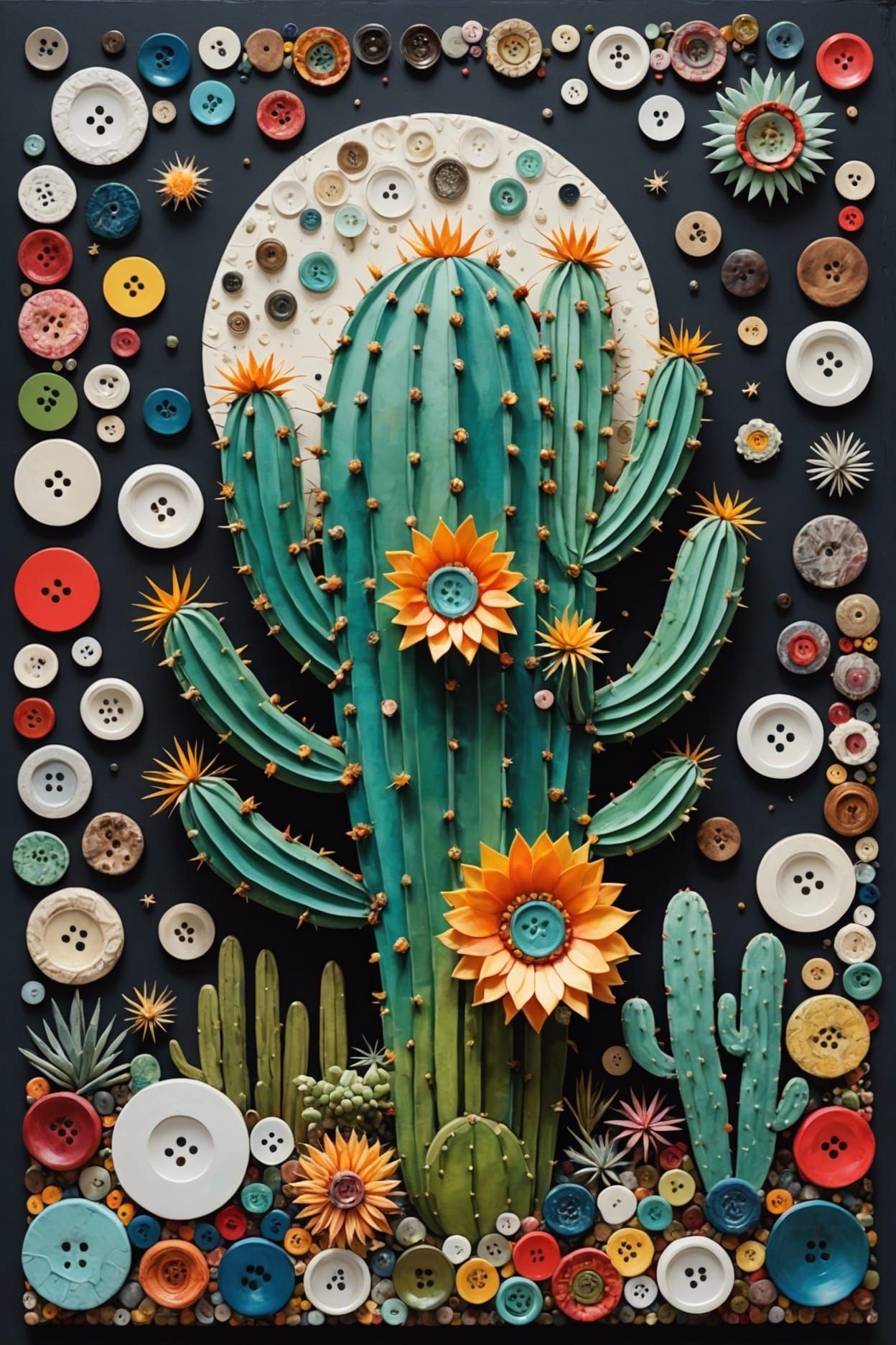 Cactus Flower and Moon: Impasto Mixed Media Collage