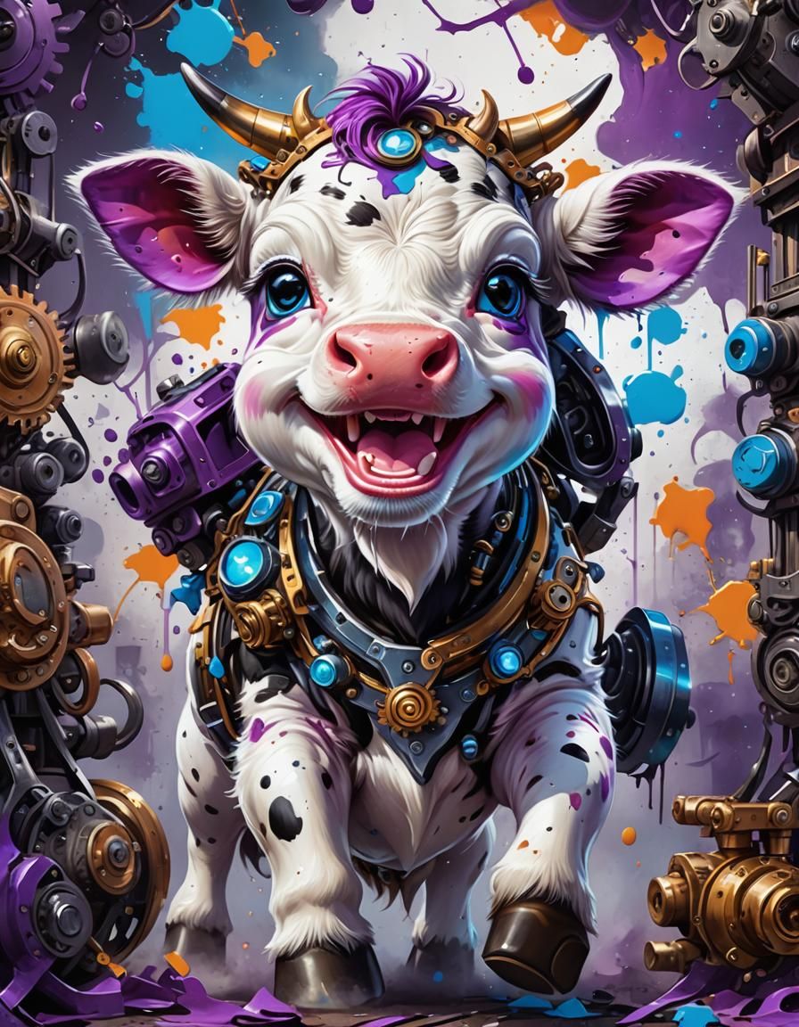 Adorable Blue-Eyed Cow in Steampunk Graffiti Style