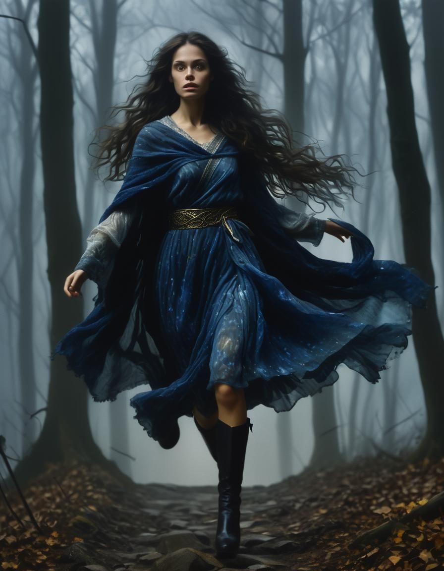 Ethereal Woman Running in Foggy Forest