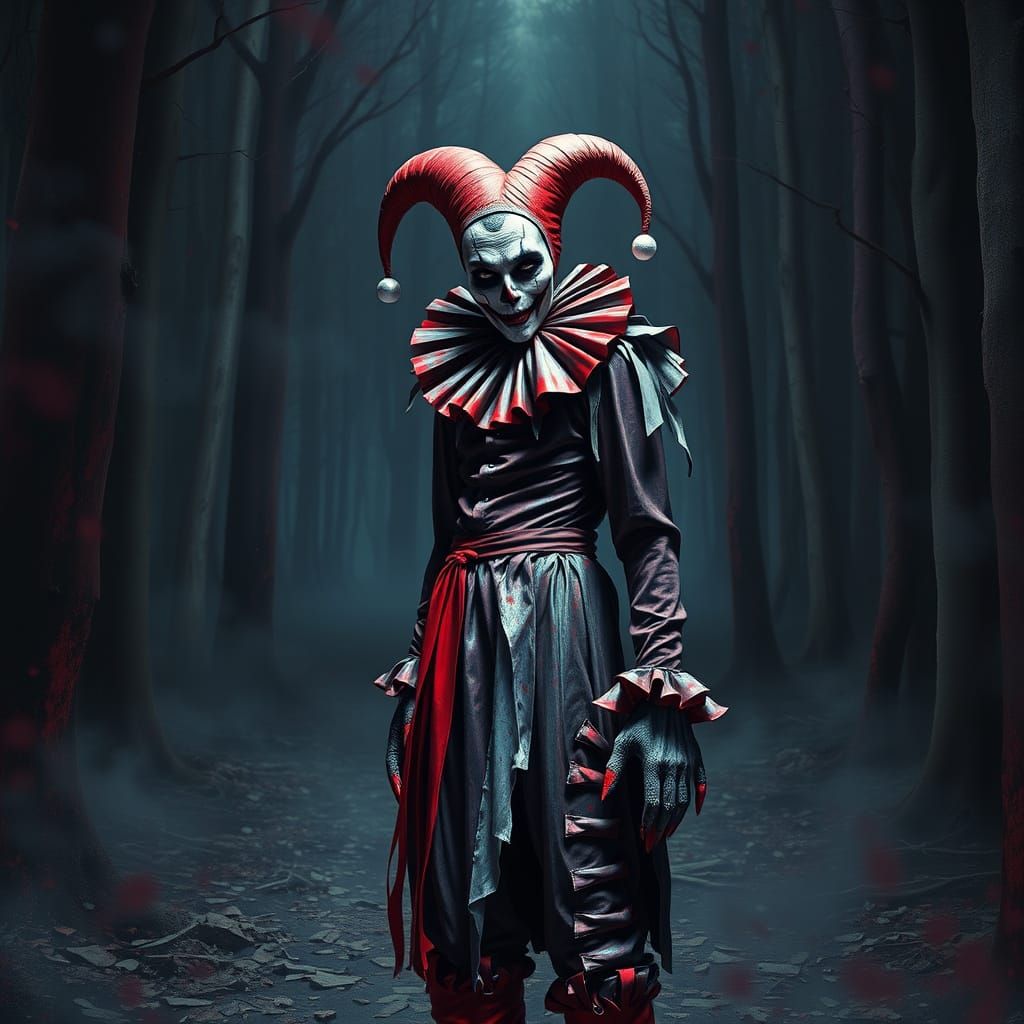 Halloween Jester in Dark Forest Clearing with Dynamic Lighti...
