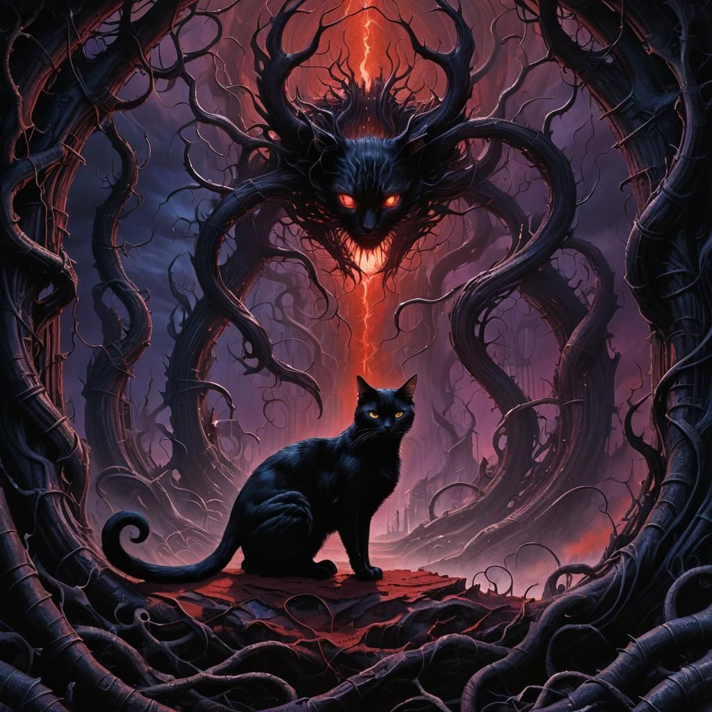 Black Cat in Twisted Realm: Dark Fantasy Art