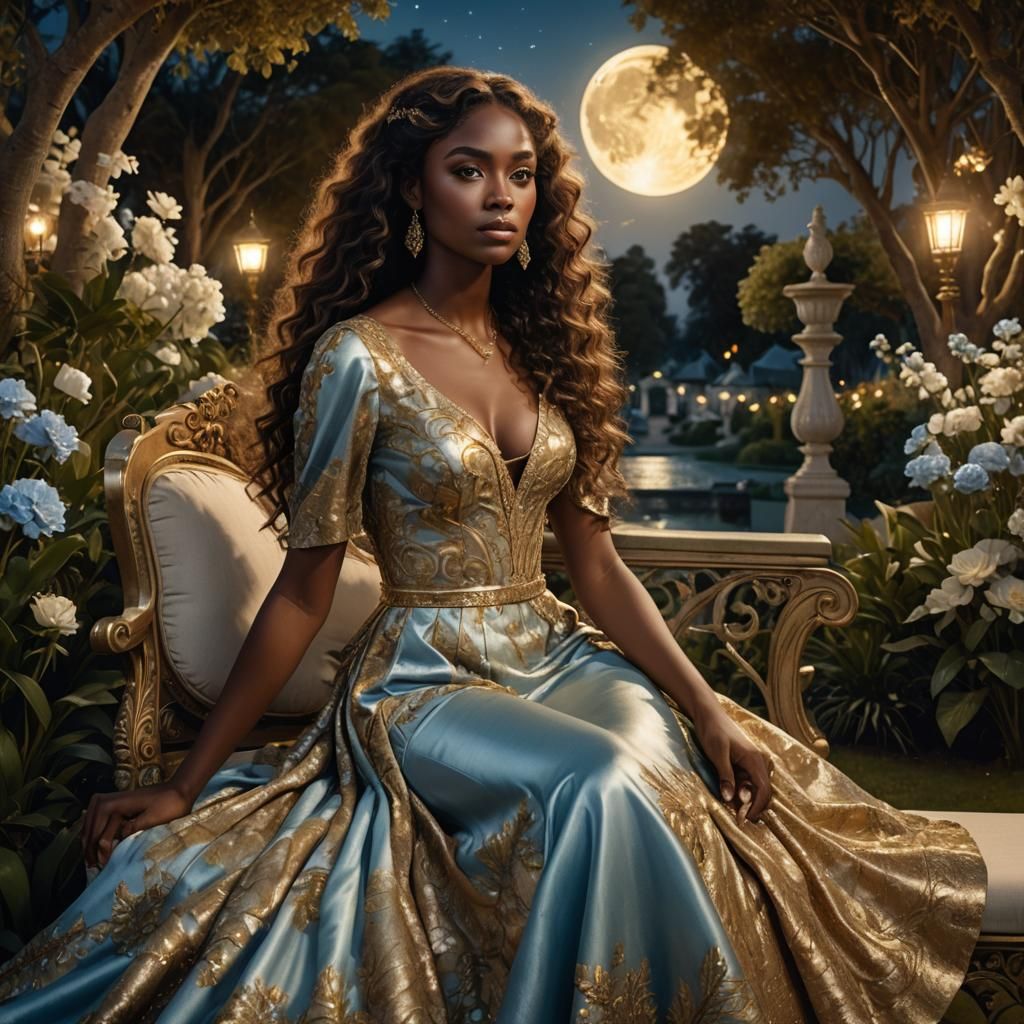 Young Woman in Gold Dress in Moonlit Garden