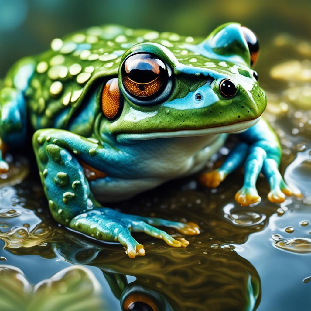 a frog magnified by a dewdrop, big turquoise eyes, 8k resolution, hyper real, intricate detailing, oil on canvas