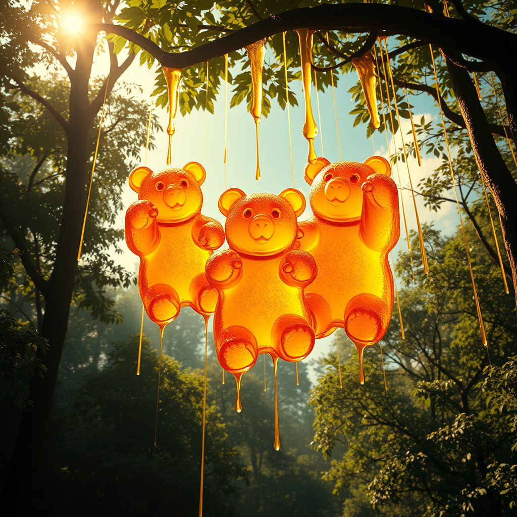 Giant gummy bears are falling from the sky ultra 4D hyper realistic and colorful in a forest with honey dripping from th...