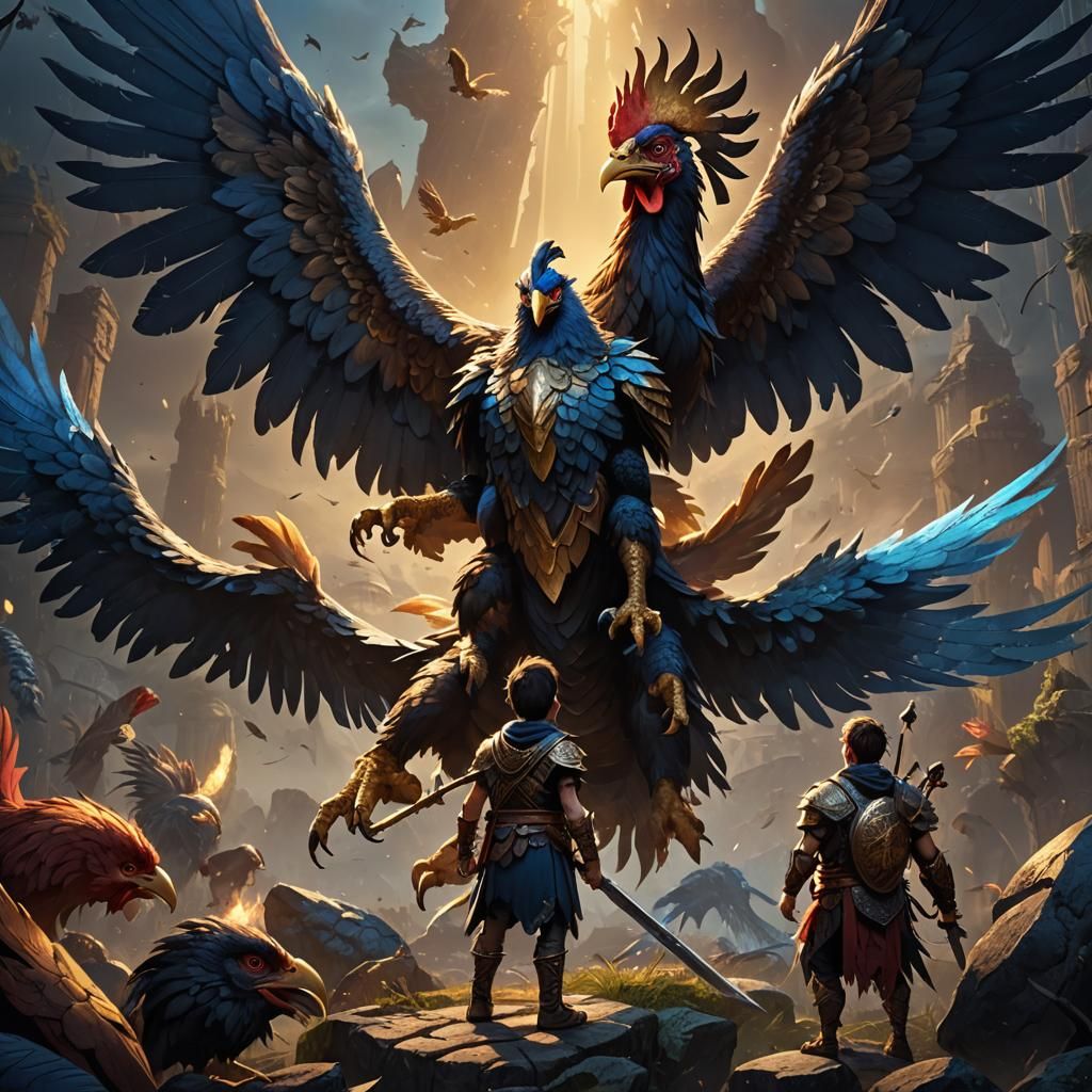 Victorious Warrior Over Giant Chicken: Fantasy Concept Art