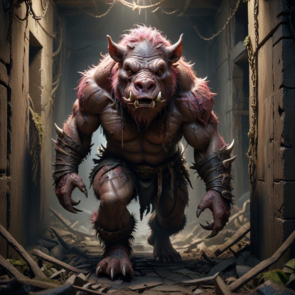 Blindfolded Orc Monster Wanders Dark Fantasy Maze