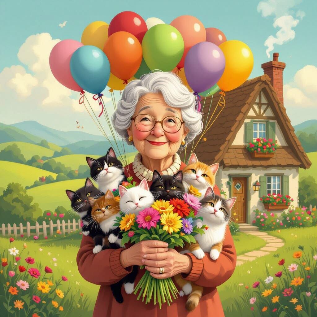 Elderly Cat Lover with Balloon Cats by Cozy Cottage