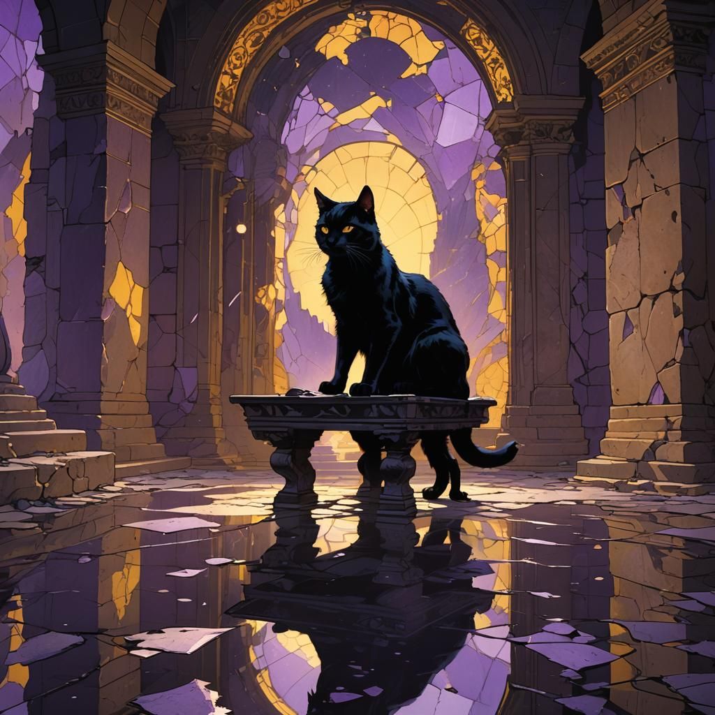 Black Cat in Mystical Chamber, Fantasy Art