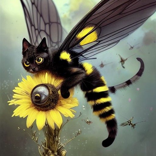 Adorable Cat Wasp Hybrid Flies as Detailed Painting