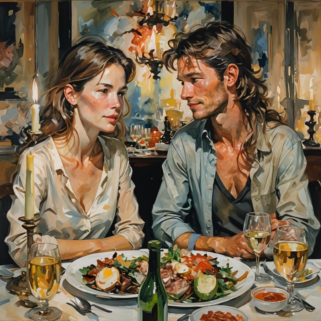 Couple's Intimate Candlelight Dinner, Painterly Style