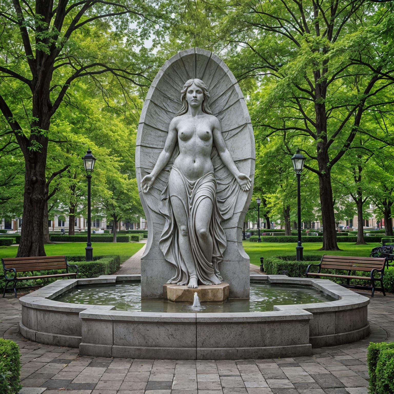 Woman-Shaped Marble Fountain in Park