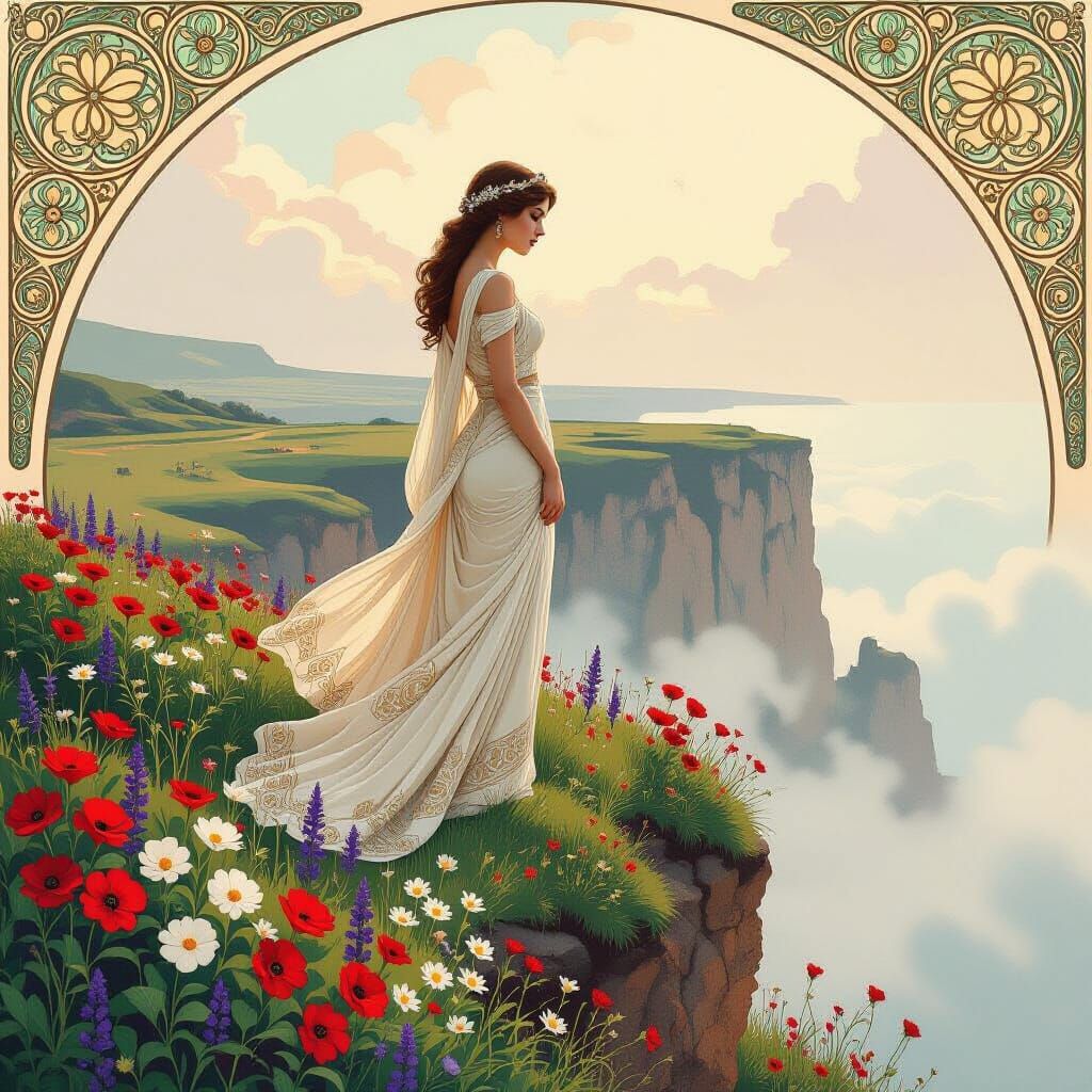 Elegant Woman on Misty Cliff in Art Nouveau Style