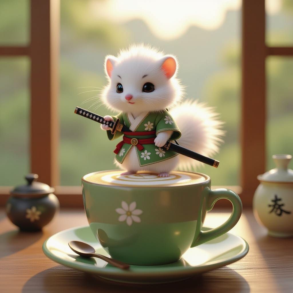 Fluffy Arctic Shrew in Samurai Outfit on Matcha Latte