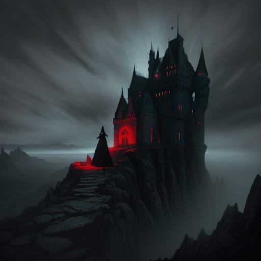 Girl in Dark Cape on Cliff Overlooking Grim Castle