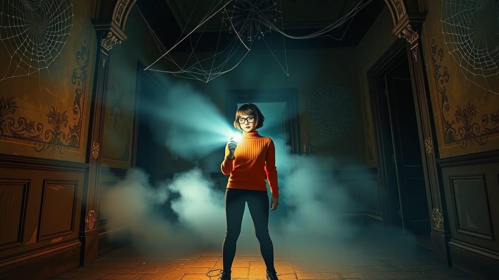 Velma Dinkley Contemplates Mystery in Abandoned Mansion