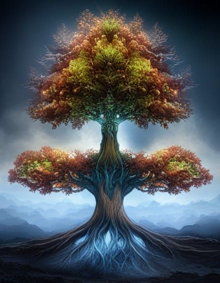 Yggdrasil with roots and leaves, tree, magical, detailed mat...